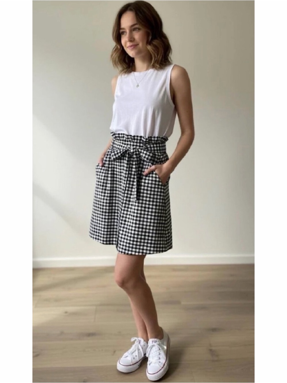 Cynthia Rowley Black White Gingham Paperbag High Waist Skirt 6